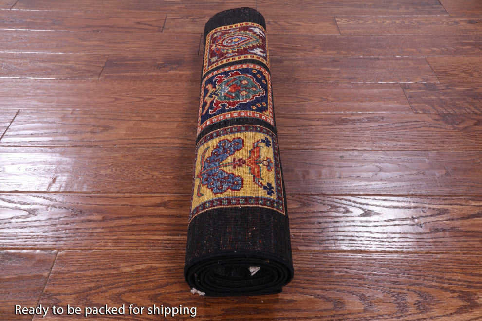 2' 6" X 6' 7" Persian Garden Design Black Hand Knotted Runner Rug Q10684