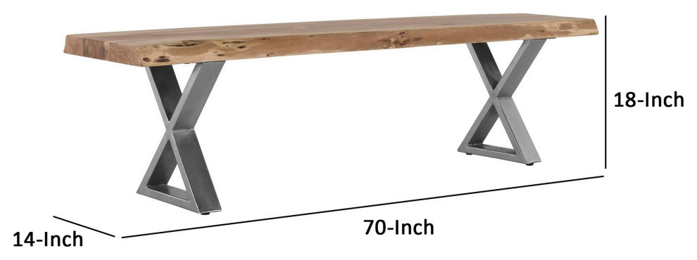 Benzara BM286415 70" Wood Dining Bench Farmhouse Design Crossed Legs, Brown