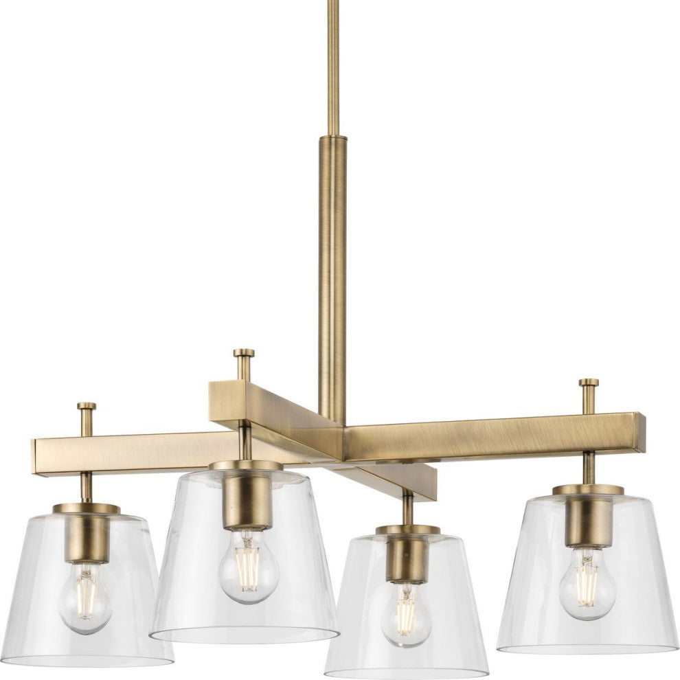 Saffert Collection Four-Light Vintage Brass Clear Glass Chandelier Light
