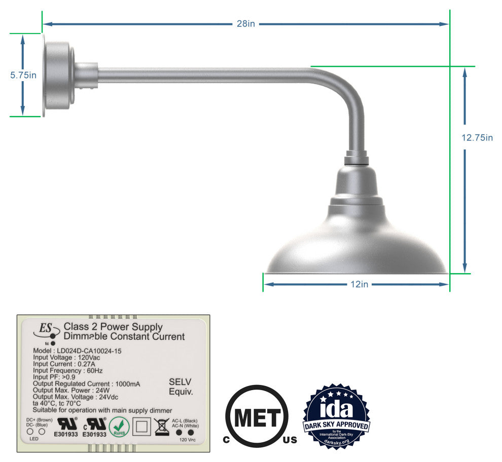 12in. Galvanized Silver Gooseneck Barn Light with Traditional Arm