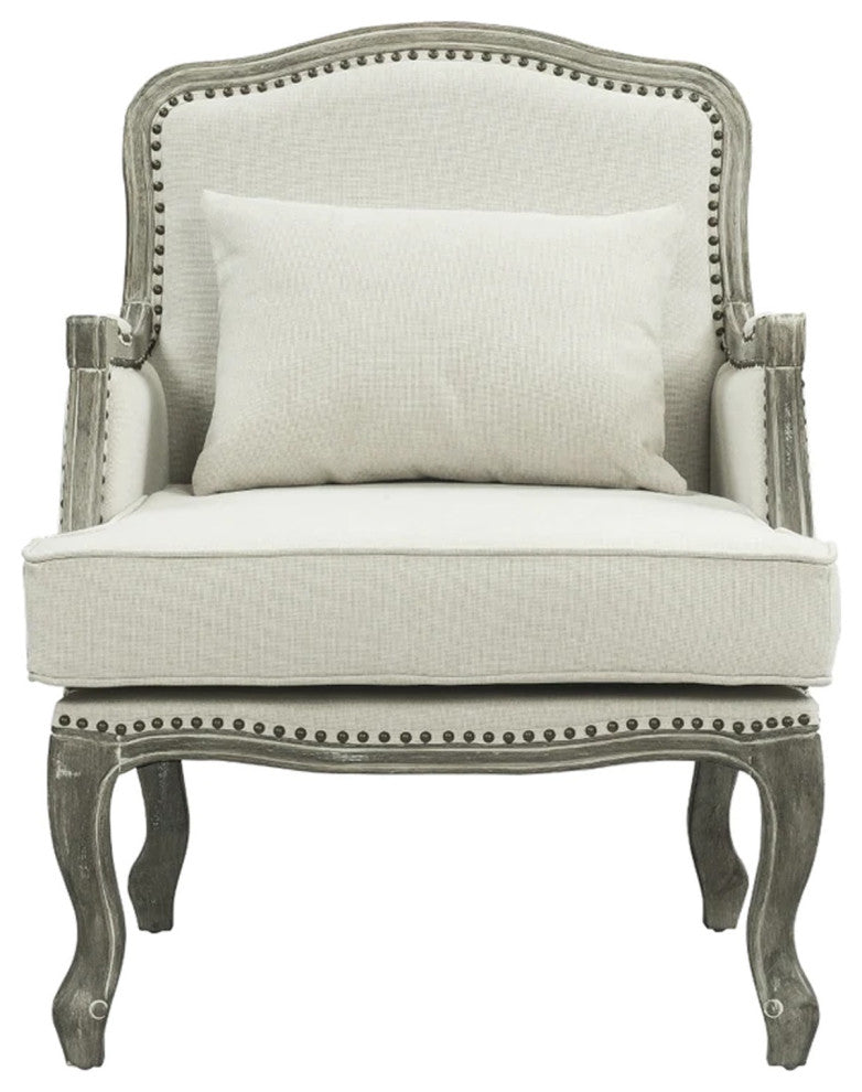 Benzara BM276244 Classic Accent Chair, Nailhead Trim, Box Cushion, Cream/Brown