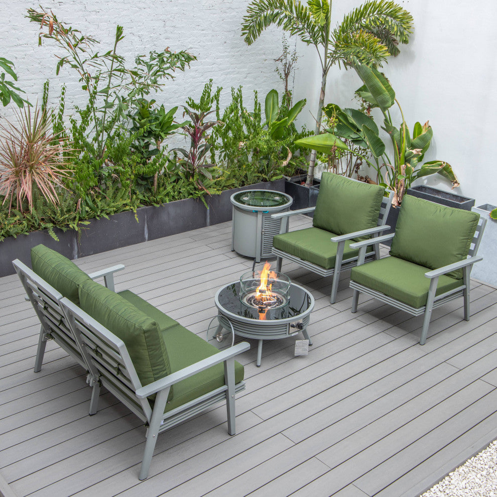 LeisureMod Walbrooke Patio Sofa Set With Round Fire Pit Table, Green