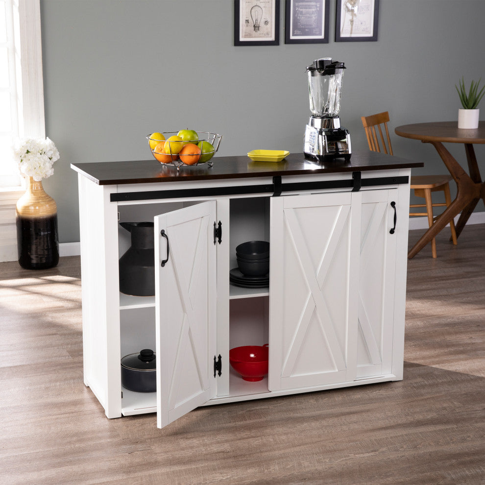 Lenton Barn-Door Kitchen Island, Dark Brown and White