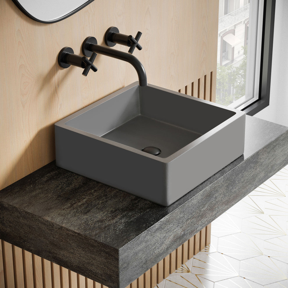 Lisse 15" Square Concrete Vessel Bathroom Sink, Dark Gray