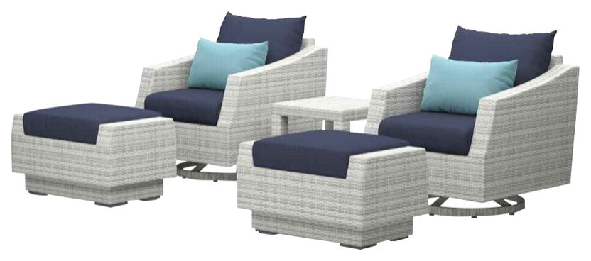 Cannes 5 Piece Aluminum Outdoor Patio Motion Club Chair and Ottoman Set, Blue
