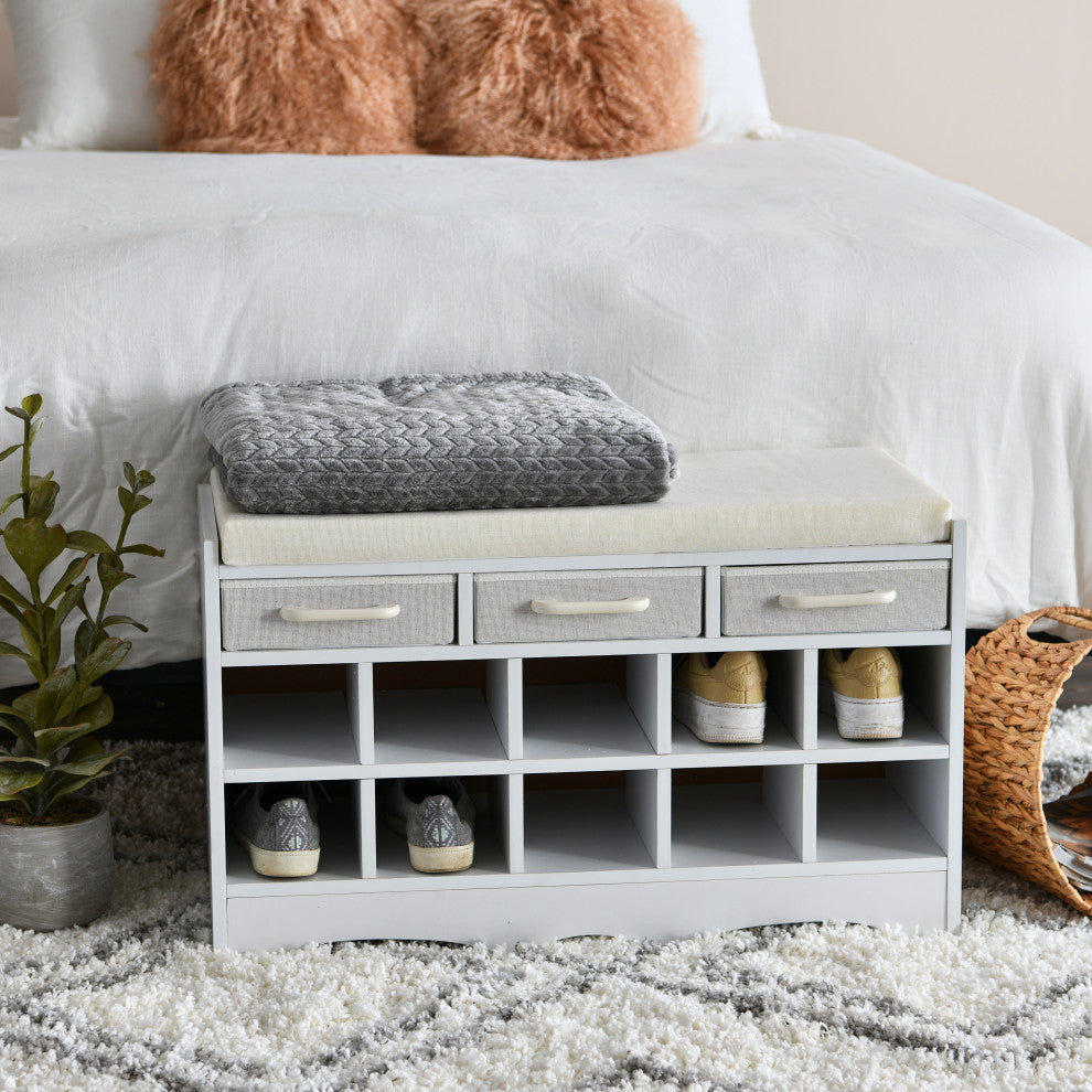 Entryway Storage Bench, 3 White Drawers 10 Shoe Compartments, Cushioned Seat