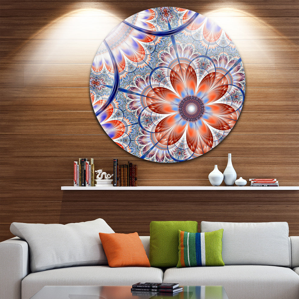 Brown And Blue Fractal Flower, Modern Floral Round Metal Wall Art, 11"