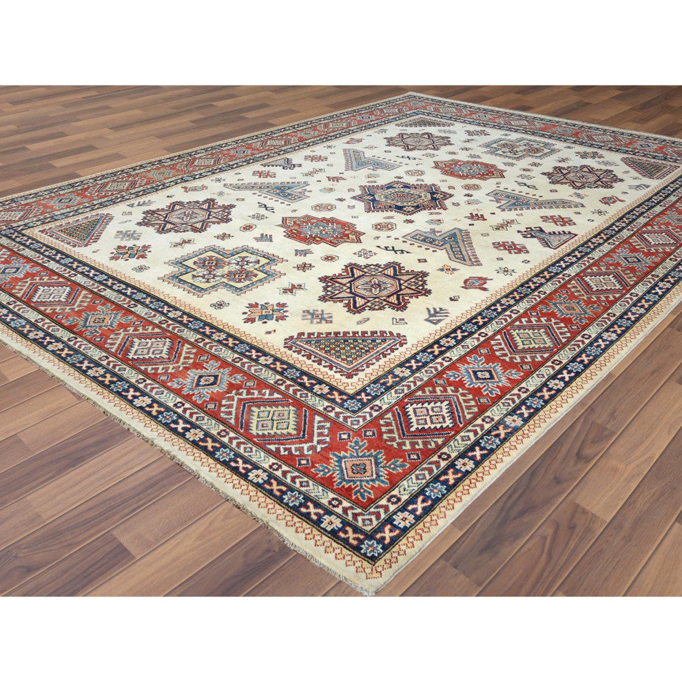 Afghan Special Kazak Shiny Wool Hand Knotted Ivory Oriental Rug 8'10" x 11'9"