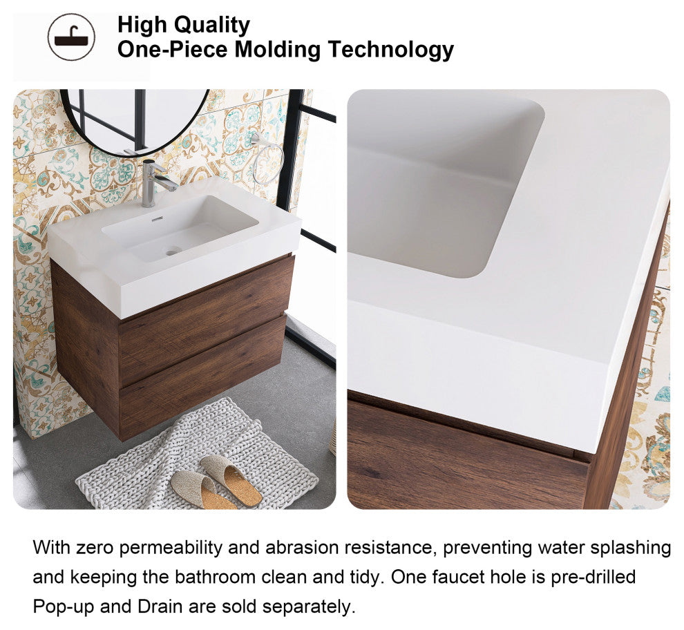 Wood Wall-Mounted Bathroom Vanity Set with Integrated Resin Sink, Walnut, 30"