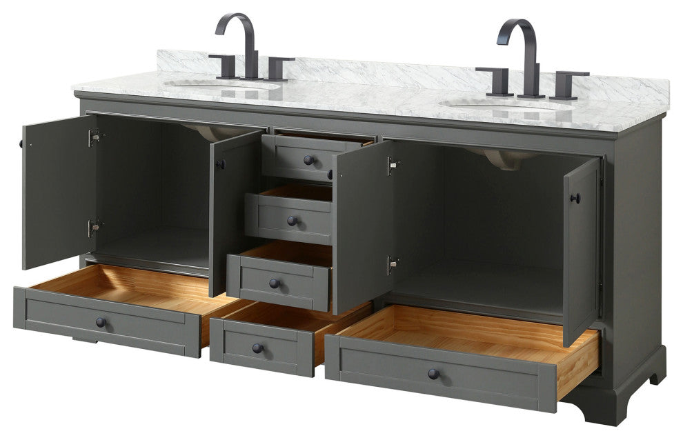 80" Double Bath Vanity, White, White Carrara Countertop, Sinks, Gold Trim