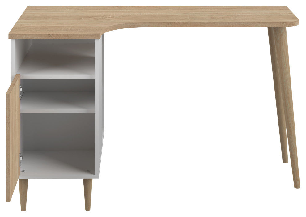 Modern White Small Home Desk With Shelves, White and Oak