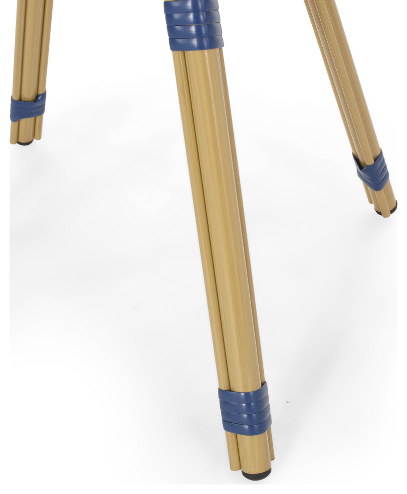 Deshler Outdoor Aluminum French Bistro Table, Navy Blue + White + Bamboo Finish