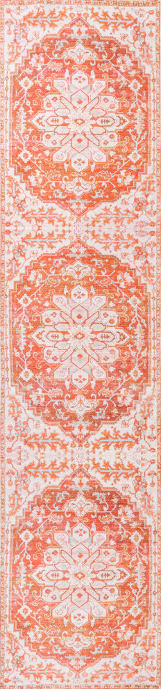 Asa Ornate Medallion Machine Washable Indoor Area Rug, Orange/Cream, 2 X 8