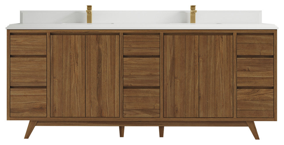 Madison Teak 84 Double Sink Bath Vanity in Dark Natural 1.5" White Quartz
