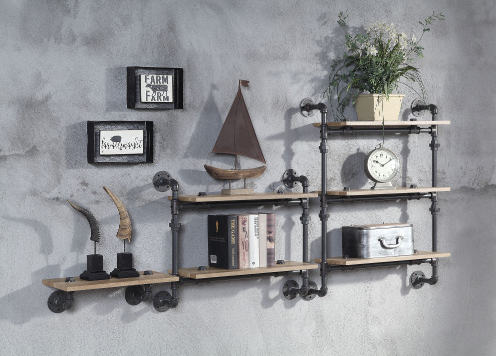 ACME Brantley Wall Rack With 2 Shelves, Oak and Sandy Black Finish