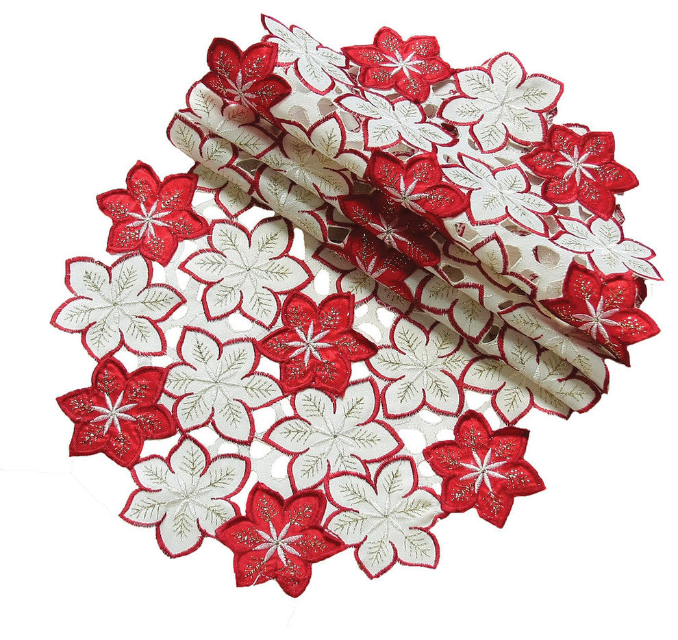 Candy Cane Poinsettia Embroidered Cutwork Christmas Doilies, 8'''' Round, Set of 4