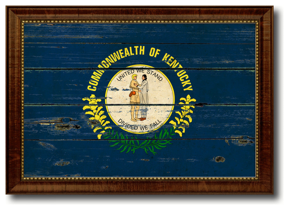 Kentucky State Vintage Flag Print With Brown Gold Frame, 19"X27"