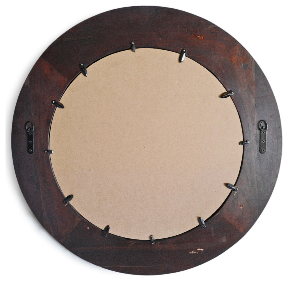 Round Ox Cart Wood and Brass Mirror