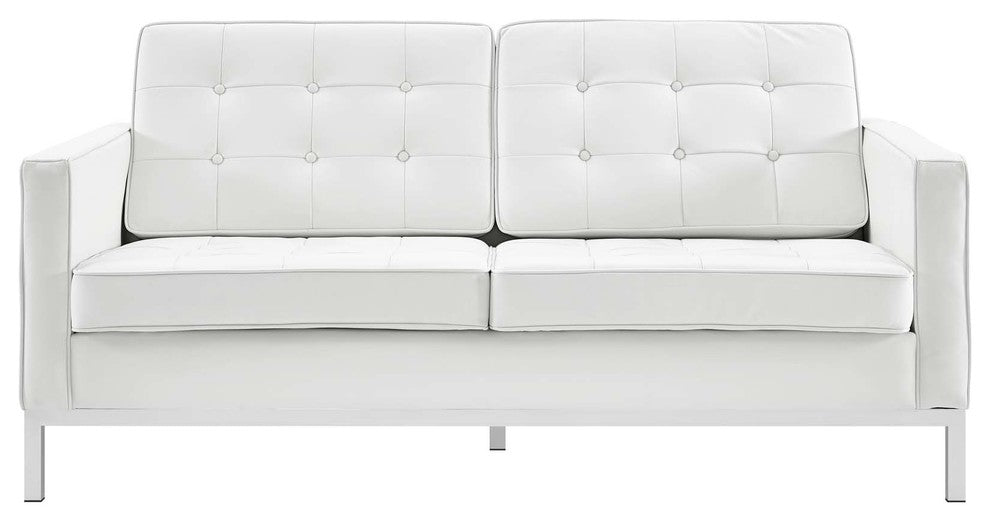 Modern Armchair and Loveseat Sofa Set, Genuine Leather, White