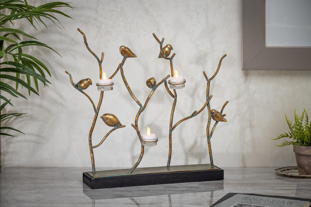 17.91" Metal and Wood Bird, Branches Tabletop Decor