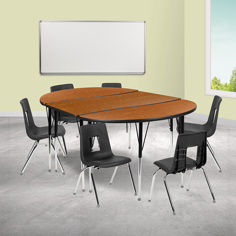 76" Oval Wave Laminate Activity Table Set-16" Student Stack Chairs, Oak/Black