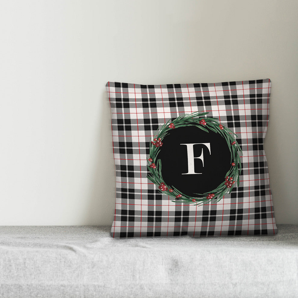 Black Plaid Monogram Wreath F 18x18 Spun Poly Pillow