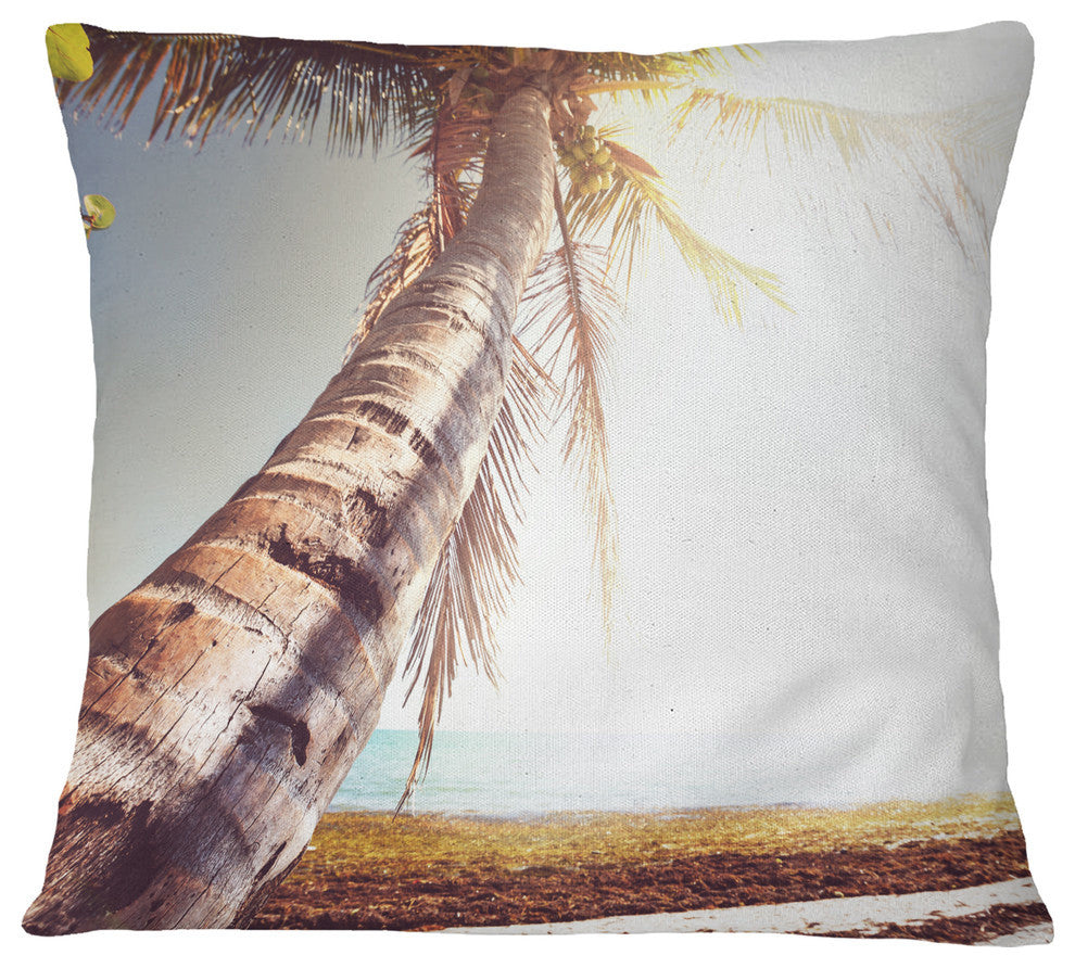 Huge Bent Coconut Tree To Beach Landscape Wall Throw Pillow, 16"x16"