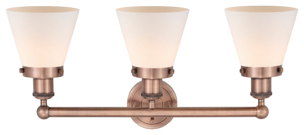 Edison Small Cone-3 Lt 25"Bath Vanity Lt-Antique Copper Finish-Matte White Shade