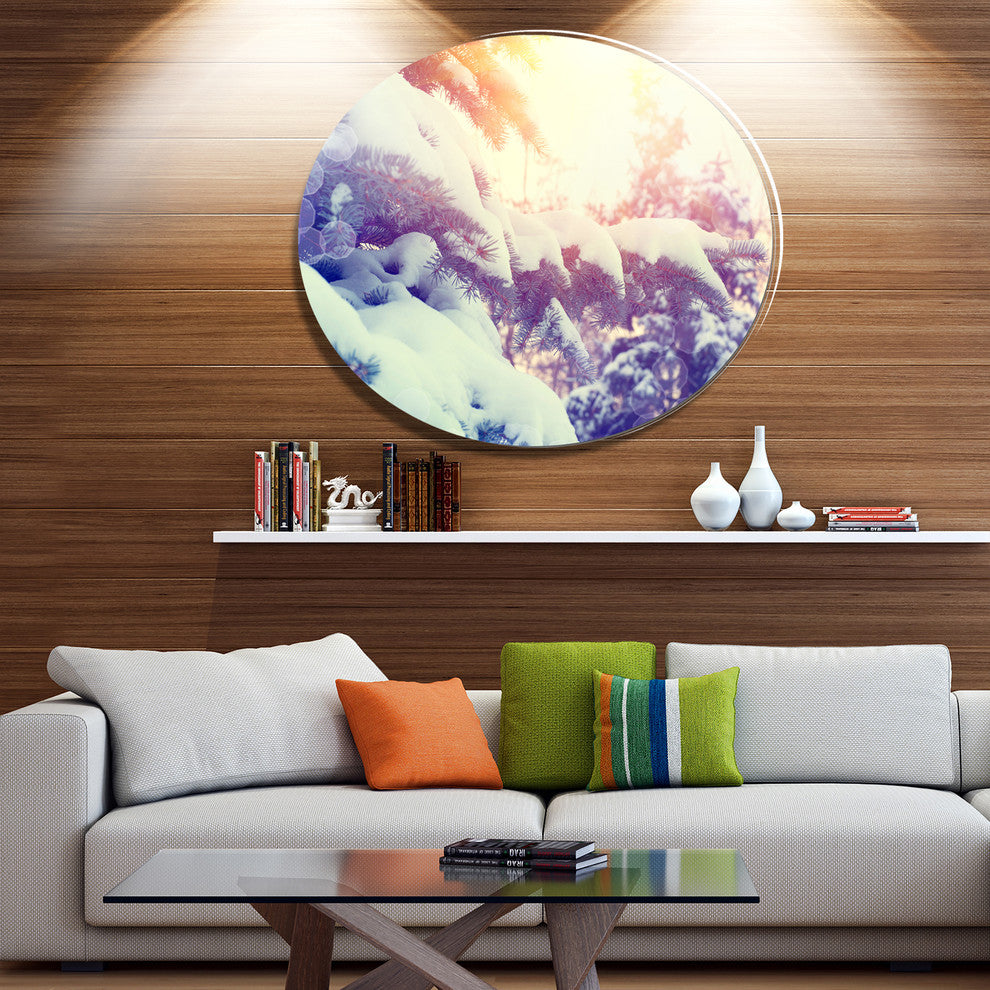 Winter Pine Trees In Mountains, Landscape Wall Round Wall Art, 23"