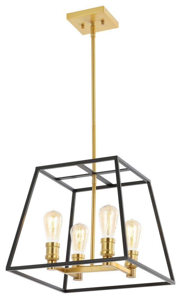 Lloyd 4-Light Industrial Iron LED Pendant, Black/Brass Gold, Width: 15"