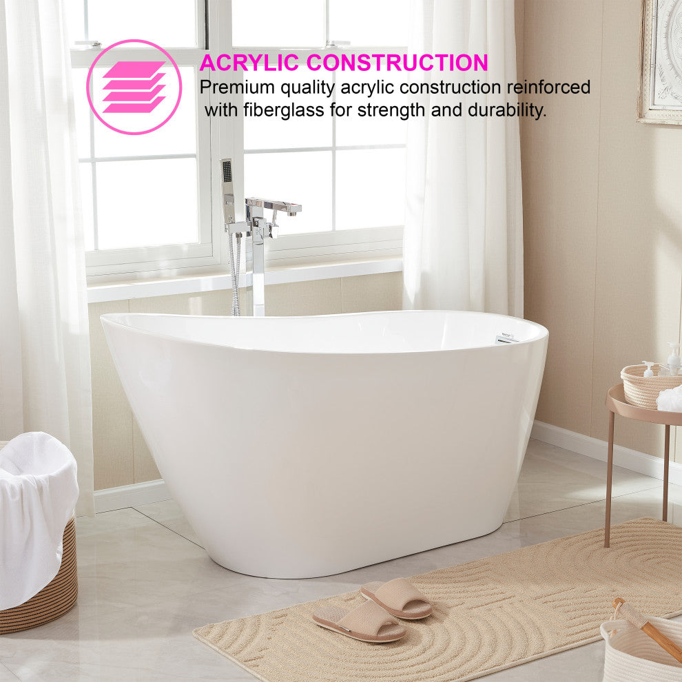 Vanity Art Freestanding Acrylic Soaking Bathtub, White/Polished Chrome, 55"