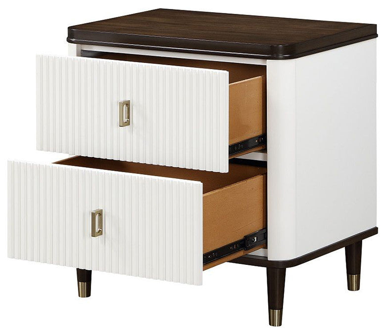 2-Drawers Wooden Nightstand With Metal Handle, White and Brown