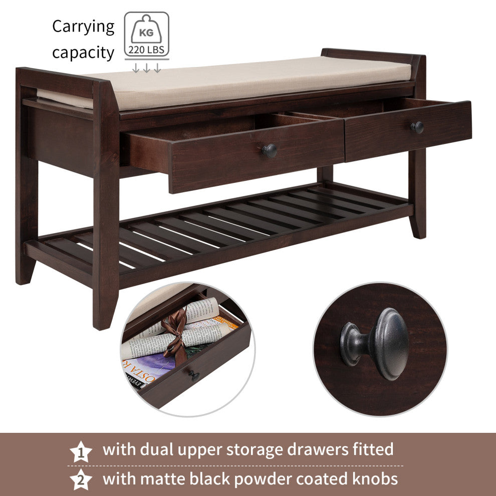 TATEUS 39" Entryway Storage Bench With Shoe Rack and Cushioned Seat, Espresso