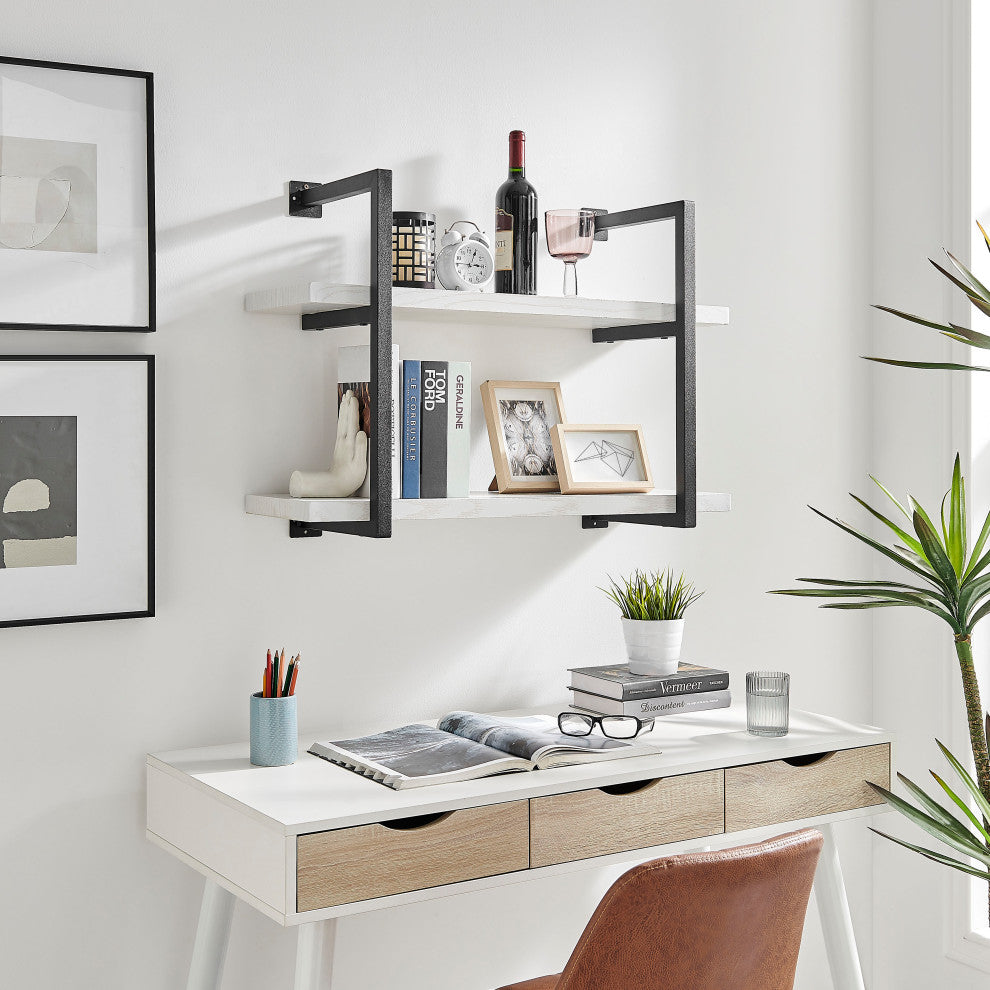 Danya B. Modern 2-Tier Hanging Wall Shelves, Metal and White Birch Finish