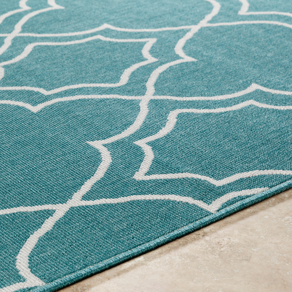Alfresco Trellis Teal, White Area Rug, 7'3" Square
