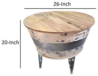 26" Accent Round Cocktail Table Tub Like Iron Base Brown Gray Washed White