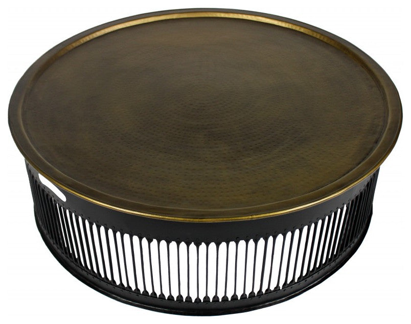 Round Black Drum Shaped Brass Coffee Table