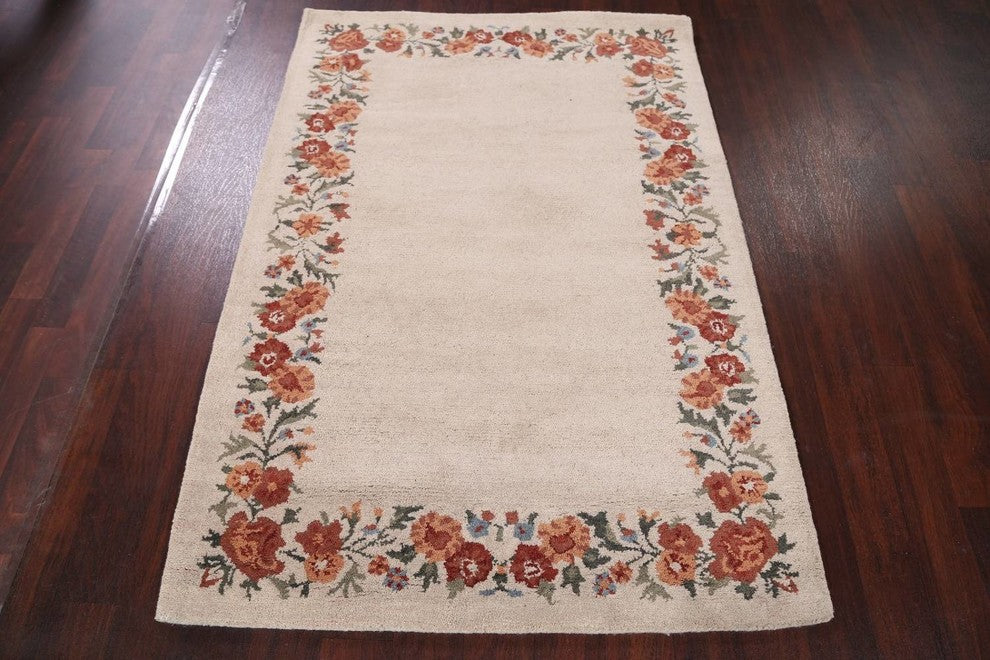 Oushak Hand Tufted Oriental Floral Area Rug Solid, Beige, 5x8'