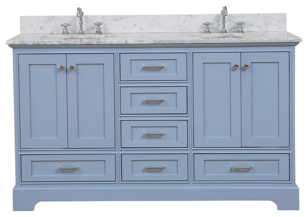 Harper 60" Bathroom Vanity, Powder Blue, Carrara Marble, Double