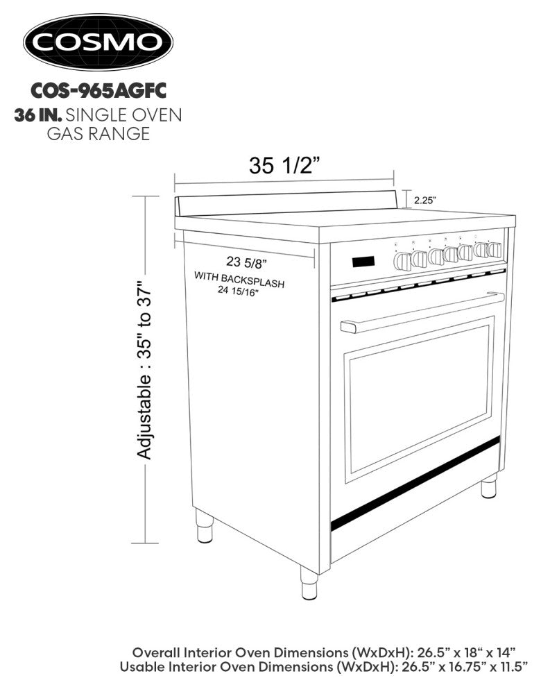 Cosmo Gas Range Pro Style Modern Stainless Steel Convection Oven