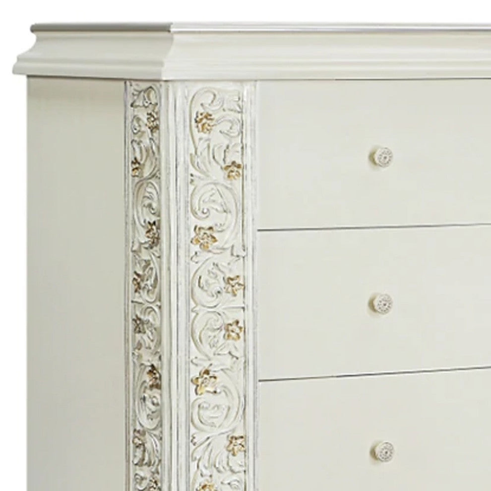 Benzara BM275673 Classic Ornate Carved Tall Dresser Chest, 4 Drawer, Wood, White