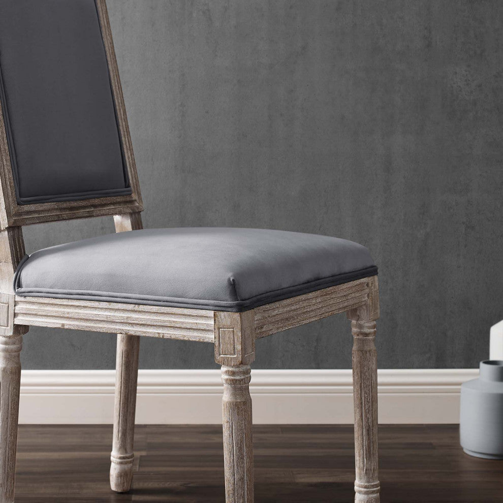 French Vintage Side Dining Chair, Velvet, Wood, Brown Natural Gray, Modern