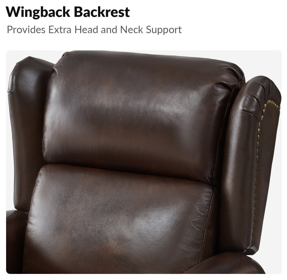 Genuine Leather Manual Recliner With Brass Nailhead, Espresso
