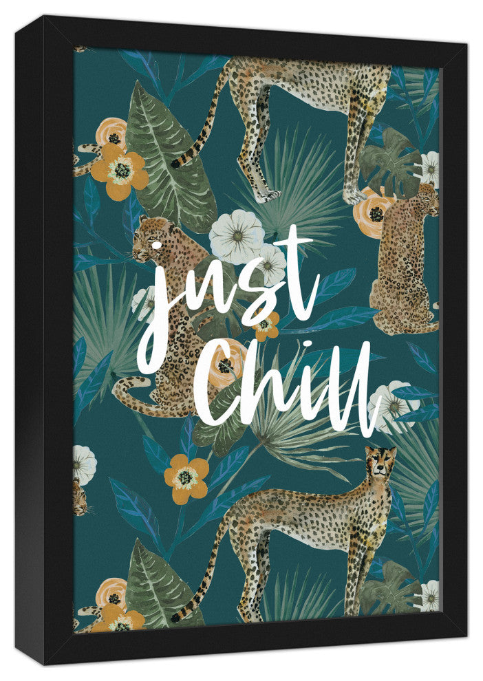 Just Chill Tropical Cheetah Teal 13.73x19.73 Black Framed Canvas