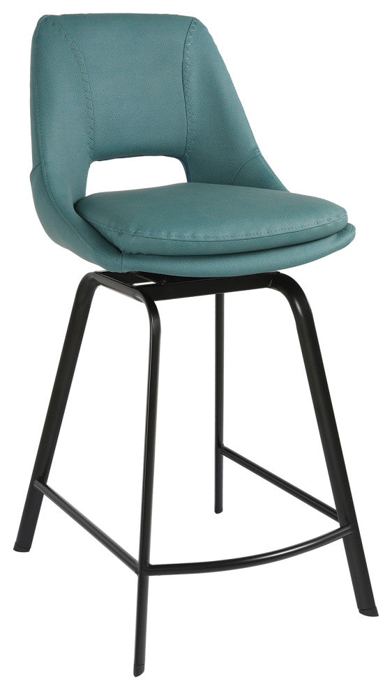 Carise Blue Faux Leather and Black Metal Swivel 26" Counter Stool