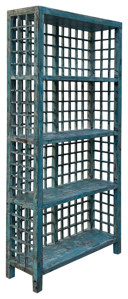 Distressed Teal Blue Green Grid Style Back Side Bookcase Display Cabinet
