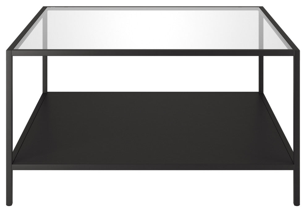 32" Black Glass And Steel Square Coffee Table With Shelf