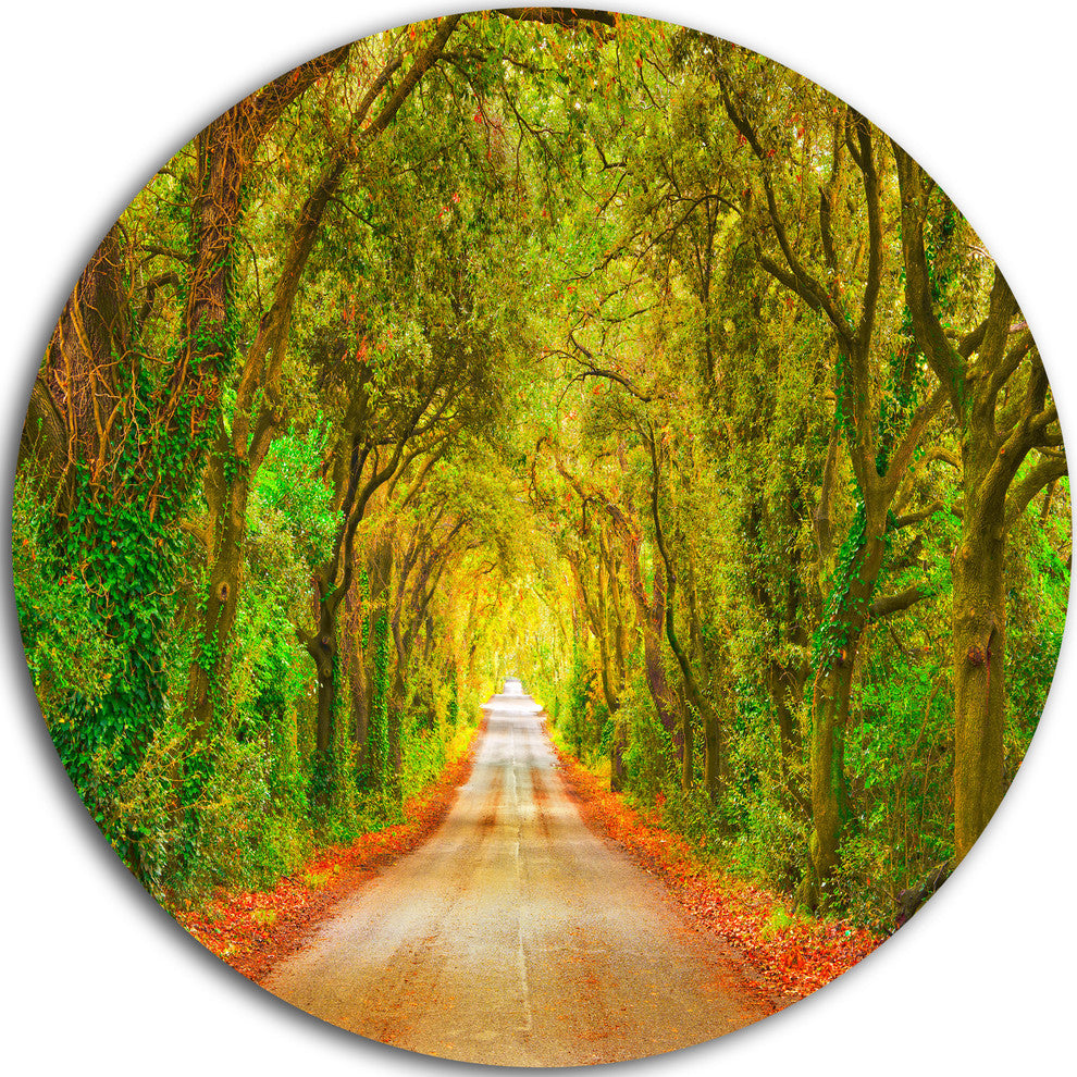Fall Greenery And Road Straight Ahead, Forest Round Wall Art, 11"