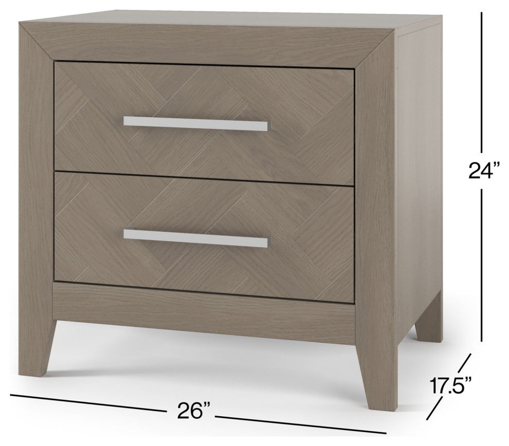 Transitional Nightstand, 2 Drawers With Herringbone Pattern, Crescent Gray