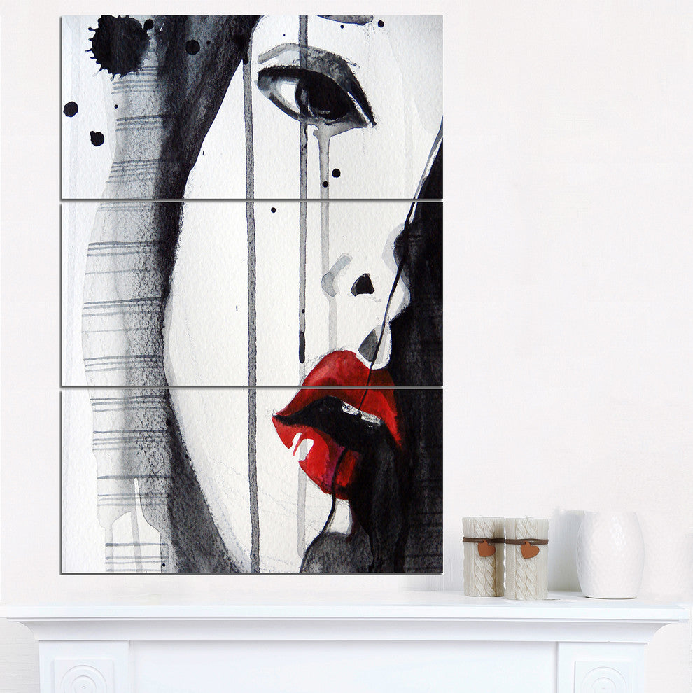 "Black Illustrated Girl Close-up" Painting Metal Wall Art, 3 Panels, 28"x36"